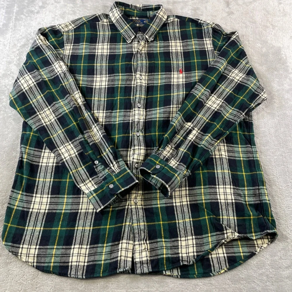 Polo Ralph Lauren Flannel Shirt Mens XXL Green Plaid Classic Fit Holiday Preppy